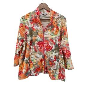 Erin London XL Floral Sheer Zip Up Jacket Orange Green Art to Wear Lightweight